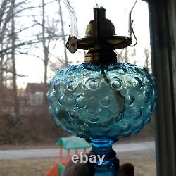 1880s BEAUTIFUL BLUE GLASS DEW DROP HOBNAIL STAND LAMP WITH BURNER & CHIMNEY