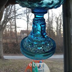 1880s BEAUTIFUL BLUE GLASS DEW DROP HOBNAIL STAND LAMP WITH BURNER & CHIMNEY