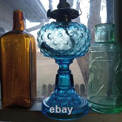 1880s BEAUTIFUL BLUE GLASS DEW DROP HOBNAIL STAND LAMP WITH BURNER & CHIMNEY