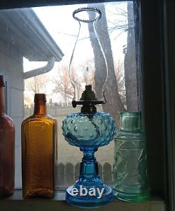 1880s BEAUTIFUL BLUE GLASS DEW DROP HOBNAIL STAND LAMP WITH BURNER & CHIMNEY