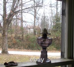 1880s FLUTE & BLOCK PATTERN AMETHYST GLASS OIL LAMP COMPLETE WithBURNER & CHIMNEY