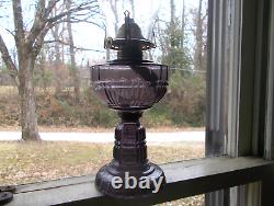 1880s FLUTE & BLOCK PATTERN AMETHYST GLASS OIL LAMP COMPLETE WithBURNER & CHIMNEY
