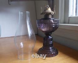 1880s FLUTE & BLOCK PATTERN AMETHYST GLASS OIL LAMP COMPLETE WithBURNER & CHIMNEY