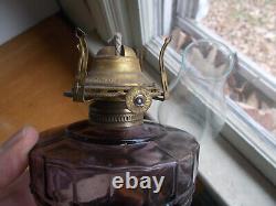 1880s FLUTE & BLOCK PATTERN AMETHYST GLASS OIL LAMP COMPLETE WithBURNER & CHIMNEY