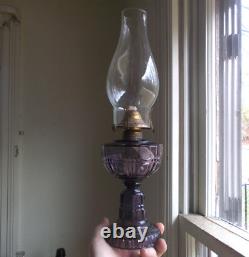 1880s FLUTE & BLOCK PATTERN AMETHYST GLASS OIL LAMP COMPLETE WithBURNER & CHIMNEY