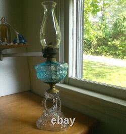 1880s ORIGINAL CATHEDRAL OIL LAMP BLUE FONT CLEAR ORNATE BASE COMPLETE WithCHIMNEY