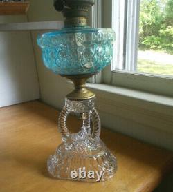 1880s ORIGINAL CATHEDRAL OIL LAMP BLUE FONT CLEAR ORNATE BASE COMPLETE WithCHIMNEY