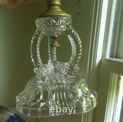 1880s ORIGINAL CATHEDRAL OIL LAMP BLUE FONT CLEAR ORNATE BASE COMPLETE WithCHIMNEY