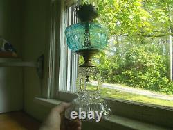 1880s ORIGINAL CATHEDRAL OIL LAMP BLUE FONT CLEAR ORNATE BASE COMPLETE WithCHIMNEY