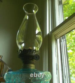 1880s ORIGINAL CATHEDRAL OIL LAMP BLUE FONT CLEAR ORNATE BASE COMPLETE WithCHIMNEY