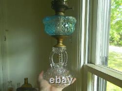 1880s ORIGINAL CATHEDRAL OIL LAMP BLUE FONT CLEAR ORNATE BASE COMPLETE WithCHIMNEY