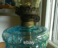 1880s ORIGINAL CATHEDRAL OIL LAMP BLUE FONT CLEAR ORNATE BASE COMPLETE WithCHIMNEY