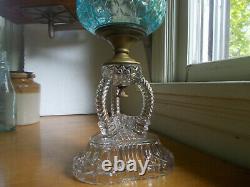 1880s ORIGINAL CATHEDRAL OIL LAMP BLUE FONT CLEAR ORNATE BASE COMPLETE WithCHIMNEY