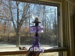 1880s RARE BEADED FLOWERS AMETHYST GLASS EARLY OIL LAMP WITH BURNER & CHIMNEY
