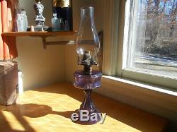 1880s RARE BEADED FLOWERS AMETHYST GLASS EARLY OIL LAMP WITH BURNER & CHIMNEY