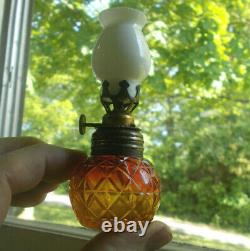 1880s RED & YELLOW AMBERINA CUT GLASS TINY MINIATURE OIL LAMP ALL ORIGINAL RARE