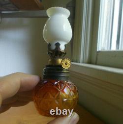 1880s RED & YELLOW AMBERINA CUT GLASS TINY MINIATURE OIL LAMP ALL ORIGINAL RARE