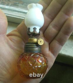 1880s RED & YELLOW AMBERINA CUT GLASS TINY MINIATURE OIL LAMP ALL ORIGINAL RARE