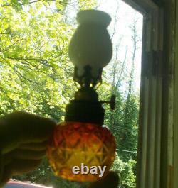 1880s RED & YELLOW AMBERINA CUT GLASS TINY MINIATURE OIL LAMP ALL ORIGINAL RARE