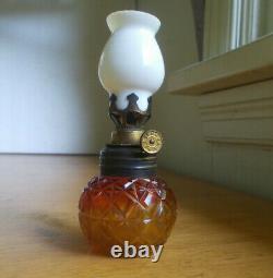 1880s RED & YELLOW AMBERINA CUT GLASS TINY MINIATURE OIL LAMP ALL ORIGINAL RARE