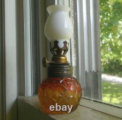 1880s RED & YELLOW AMBERINA CUT GLASS TINY MINIATURE OIL LAMP ALL ORIGINAL RARE