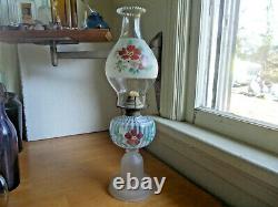 1880s RIBBED OPALESCENT OIL LAMP WithFROSTED GLASS BASE MATCHING PAINTED CHIMNEY