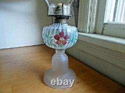 1880s RIBBED OPALESCENT OIL LAMP WithFROSTED GLASS BASE MATCHING PAINTED CHIMNEY