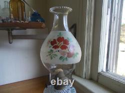 1880s RIBBED OPALESCENT OIL LAMP WithFROSTED GLASS BASE MATCHING PAINTED CHIMNEY