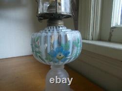 1880s RIBBED OPALESCENT OIL LAMP WithFROSTED GLASS BASE MATCHING PAINTED CHIMNEY