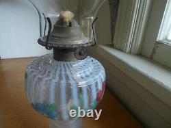 1880s RIBBED OPALESCENT OIL LAMP WithFROSTED GLASS BASE MATCHING PAINTED CHIMNEY