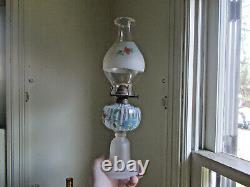 1880s RIBBED OPALESCENT OIL LAMP WithFROSTED GLASS BASE MATCHING PAINTED CHIMNEY