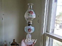 1880s RIBBED OPALESCENT OIL LAMP WithFROSTED GLASS BASE MATCHING PAINTED CHIMNEY