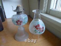 1880s RIBBED OPALESCENT OIL LAMP WithFROSTED GLASS BASE MATCHING PAINTED CHIMNEY