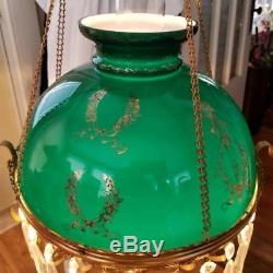 1887 BRASS HANGING PARLOR LAMP withGREEN CASED SHADE withGILDED GOLD TORCH & WREATH