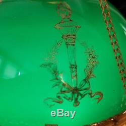 1887 BRASS HANGING PARLOR LAMP withGREEN CASED SHADE withGILDED GOLD TORCH & WREATH