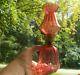 1890 Antique Cranberry Blown Glass Panel Optic Miniature Oil Lamp Matching Shade