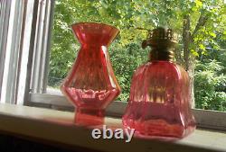 1890 Antique Cranberry Blown Glass Panel Optic Miniature Oil Lamp Matching Shade