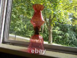 1890 Antique Cranberry Blown Glass Panel Optic Miniature Oil Lamp Matching Shade