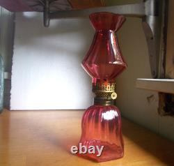 1890 Antique Cranberry Blown Glass Panel Optic Miniature Oil Lamp Matching Shade