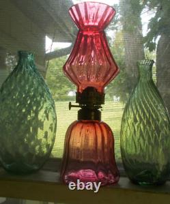 1890 Antique Cranberry Blown Glass Panel Optic Miniature Oil Lamp Matching Shade