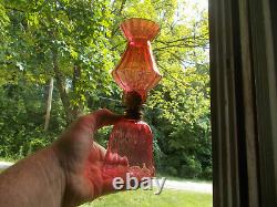 1890 Antique Cranberry Blown Glass Panel Optic Miniature Oil Lamp Matching Shade