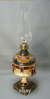 1890 Antique Ditmar Tepliz Austria Art Nouveau Majolica Oil Kerosine Lamp Owls