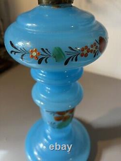 1890 Fine Antique Hand Painted French Blue Opaline Glass Oil Lamp