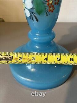 1890 Fine Antique Hand Painted French Blue Opaline Glass Oil Lamp