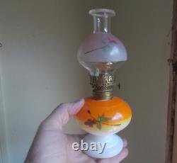 1890 Nellie Bly Miniature Oil Lamp Hand Painted Milkglass With Original Chimney