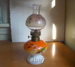 1890 Nellie Bly Miniature Oil Lamp Hand Painted Milkglass With Original Chimney