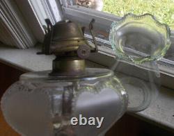 1890 Original Frosted Queen Heart Oil Lamp With Green Base 1892 Burner &chimney