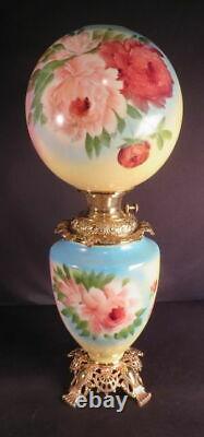 1890's Fostoria Roses Rainbow Background Kerosene Oil GWTW Parlor Lamp Antique