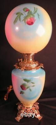 1890's Fostoria Roses Rainbow Background Kerosene Oil GWTW Parlor Lamp Antique