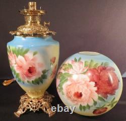 1890's Fostoria Roses Rainbow Background Kerosene Oil GWTW Parlor Lamp Antique